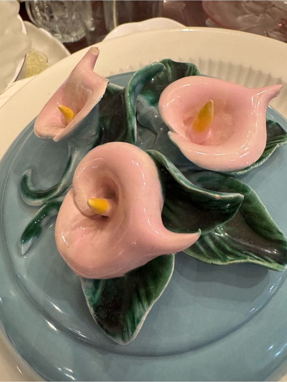 VTG Turquoise cala lily Ceramic Pottery Dish Fleurette MCM Capodimonte